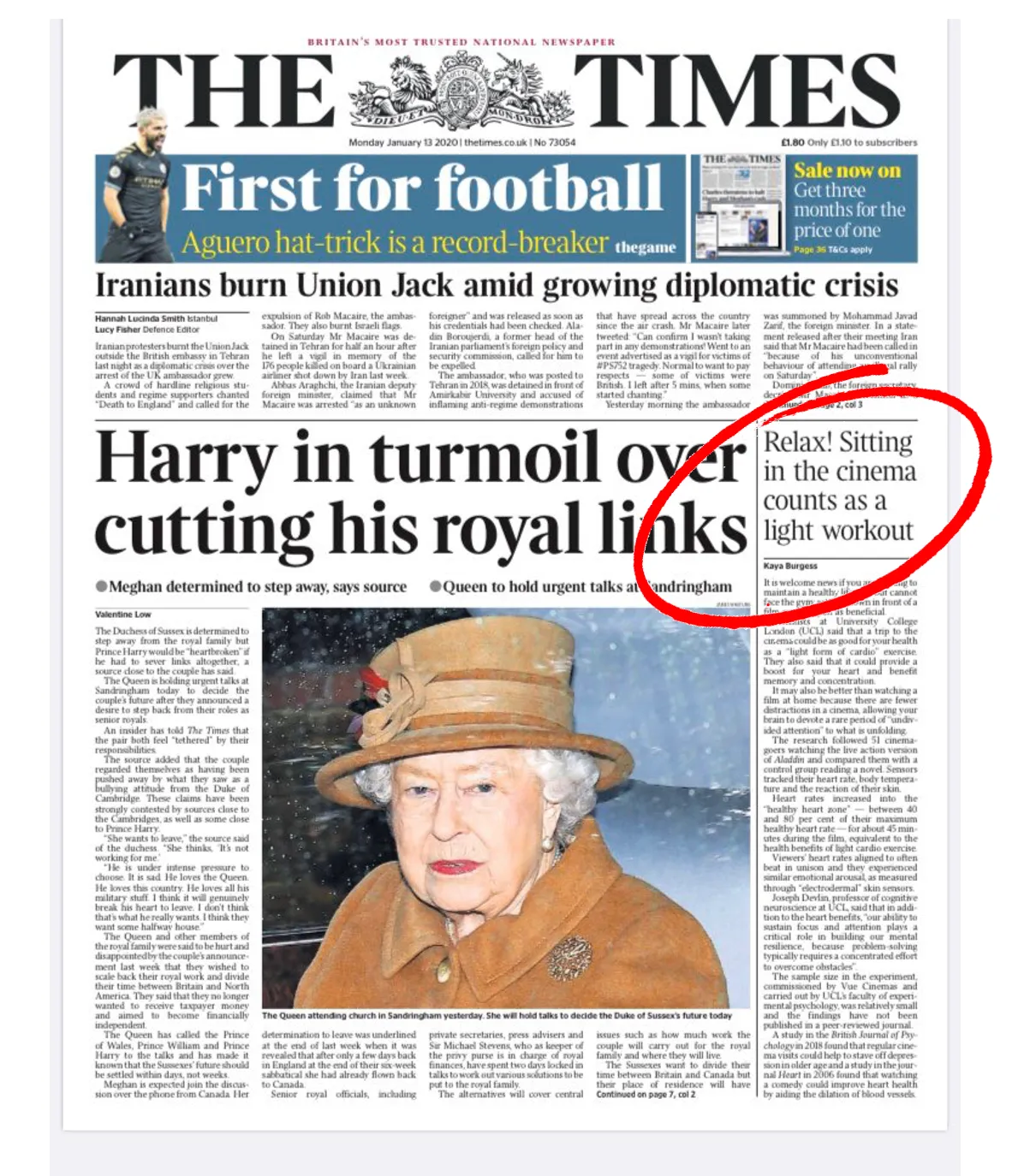 The Times front page featuring the article “Relax! Sitting in the cinema counts as a light workout”